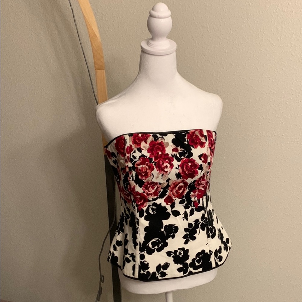 White House Black Market Strapless Floral Bustier Top in Red, Black, and White